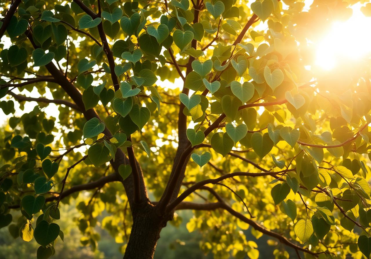 Bodhi tree with heart-shaped leaves in golden light